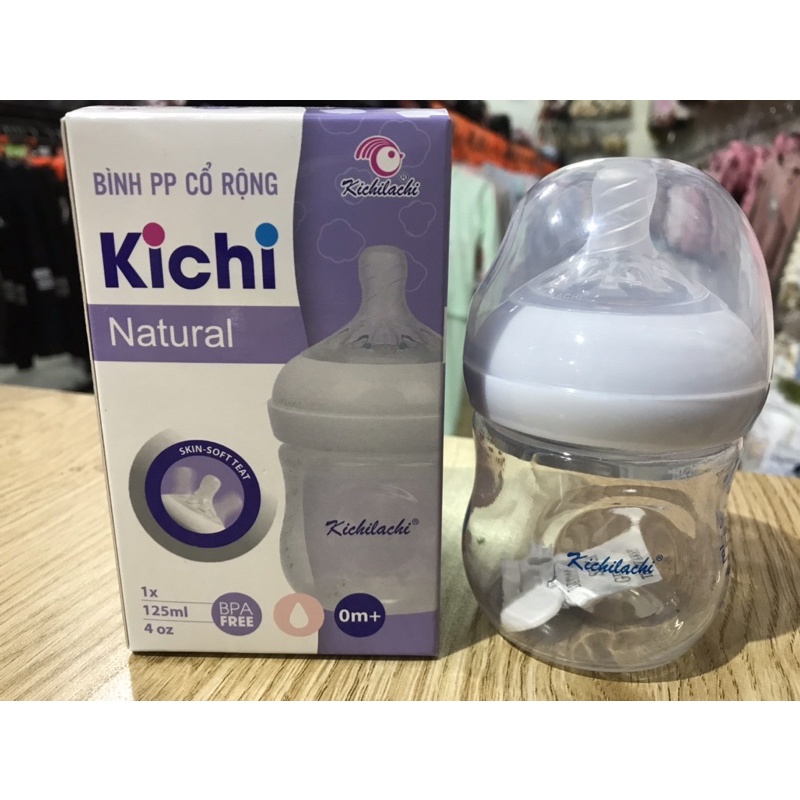 bình sữa PP cổ rộng Kichilachi natural 125ml núm ti silicon mềm cho bé