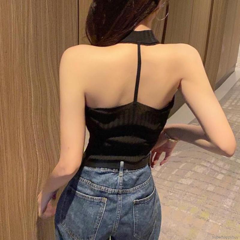 Áo không tay dệt kim thiết kế cổ yếm quyến rũ cho nữ