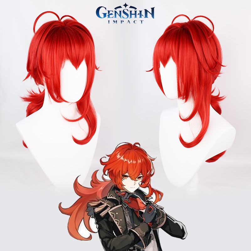 Genshin Impact Diluc Cosplay Wig Red Heat Resistant Synthetic Hair Party Props gift