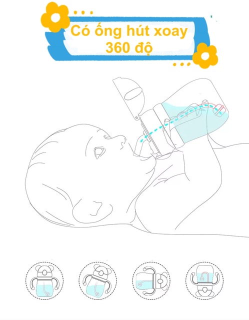 Bình tập hút, uống nước cho bé, dung tích 300ml, có tay cầm và ống hút xoay 360 độ