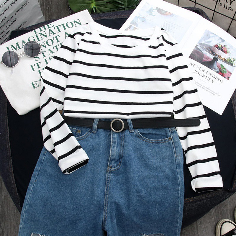 Áo thun nữ tay dài kẻ sọc trắng đen thời trang phong cách Hàn Quốc