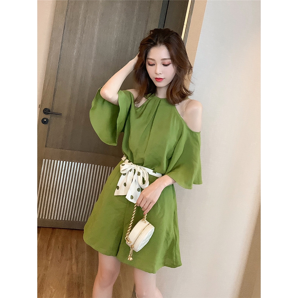 Jumpsuit Ngắn Hở Vai Ống Rộng Màu Xanh Matcha Xinh Xắn Dễ Thương