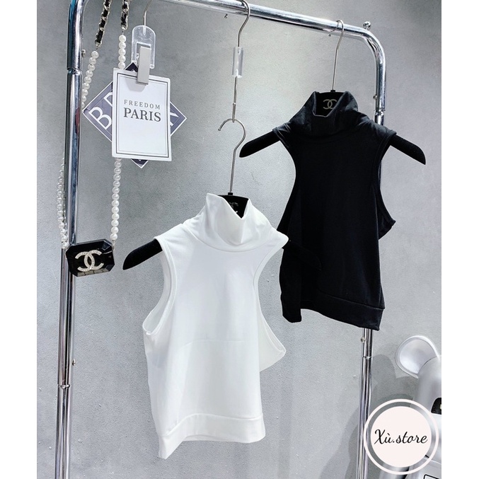 Áo Croptop Sát Nách Nữ Khoét Ngực Đen Trắng Cổ Cao Hở Vai Ba Lỗ Cut Out 3cm Form Ôm Body Sexy Hàn Quốc 60