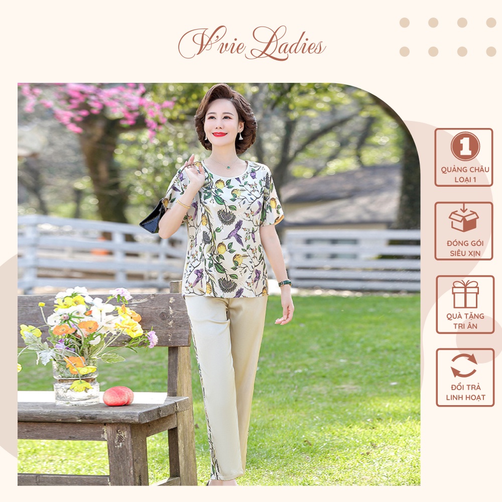 Đồ bộ trung niên nữ cho mẹ, Hàng Quảng Châu cao cấp, Bộ phi lụa hoa V'vie Ladies #B09