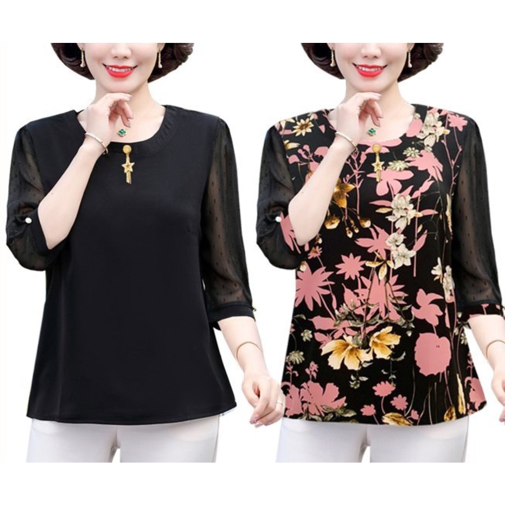 SHOPPRO - THỜI TRANG TRUNG NIÊN - ÁO SƠ MI TRUNG NIÊN CỔ TRÒN PHỐI PHỤ KIỆN SAO RƠI THANH LỊCH TẶNG MẸ U50 U60 3A17 3A21
