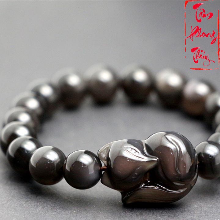 [Cam kết hàng chất lượng] Vòng Tay Đá Núi Lửa Obsidian Cao Cấp Mix Charm Cửu Hồ Ly