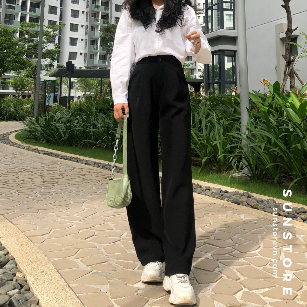 Quần culottes ống rộng suông dài chất dày cao cấp lưng cao cài nút Sun pant hình thật