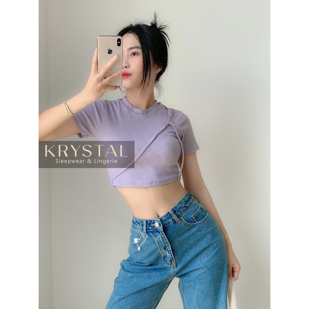 Áo croptop nữ thun tay ngắn có dây chéo ngực ôm body KRYSTAL NK55