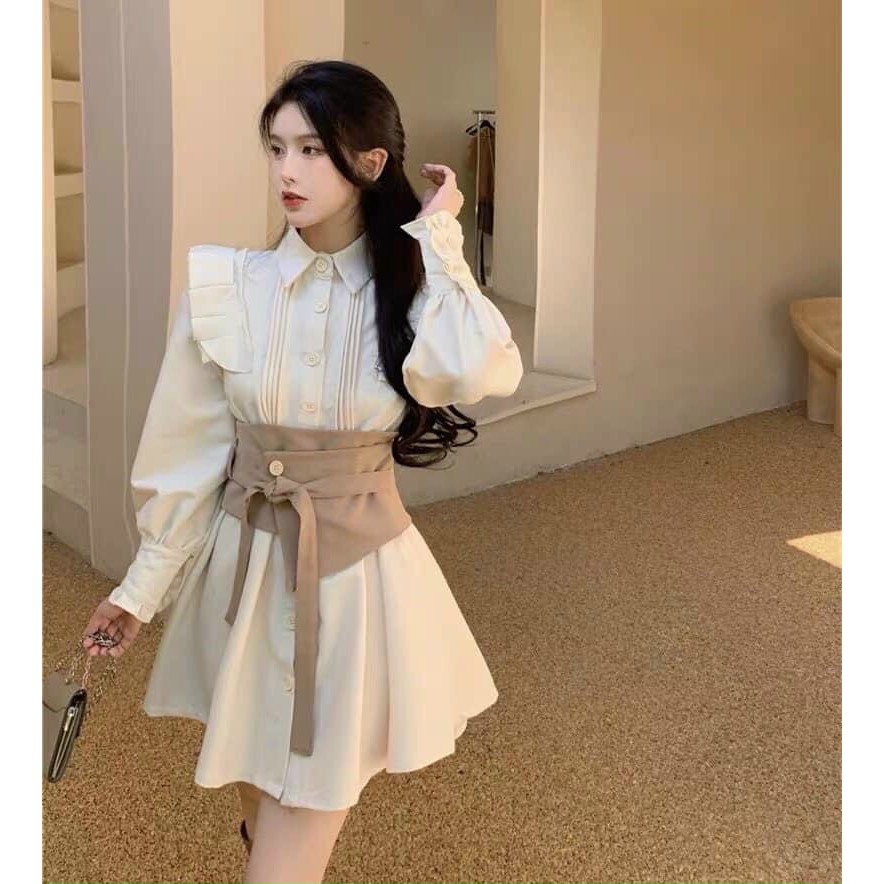 Váy Nữ, Đầm Thiết Kế Cho Nữ Đầm Sơ Mi Bèo Cổ Nude Đai Bụng Siêu Xinh Phong Cách Hàn Quốc.