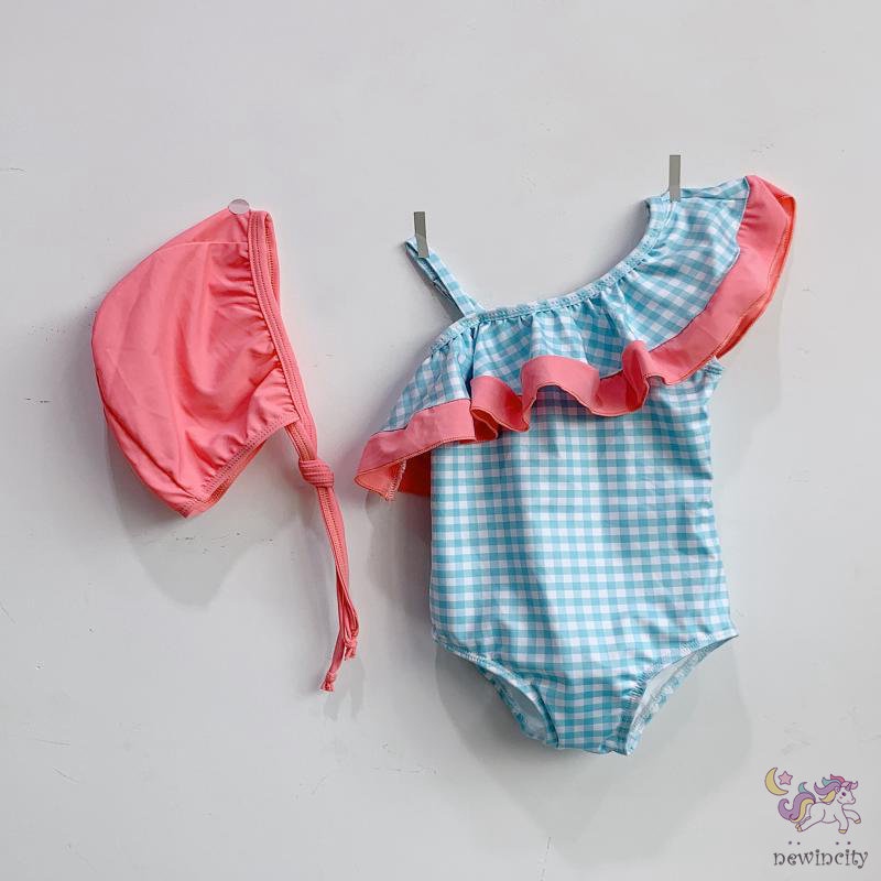 Bộ Đồ Bơi Một Mảnh Không Tay Họa Tiết Sọc Caro Kèm Mũ Phong Cách Hàn Quốc Cho Bé Gái