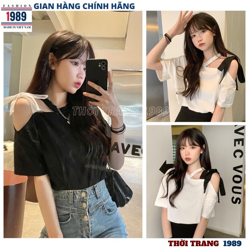 Áo thun nữ choker trễ vai buộc nơ vai 2 mầu kiểu ulzzang vintage tiều thư bánh bèo dễ thương -PHƯƠNG VŨ 1989