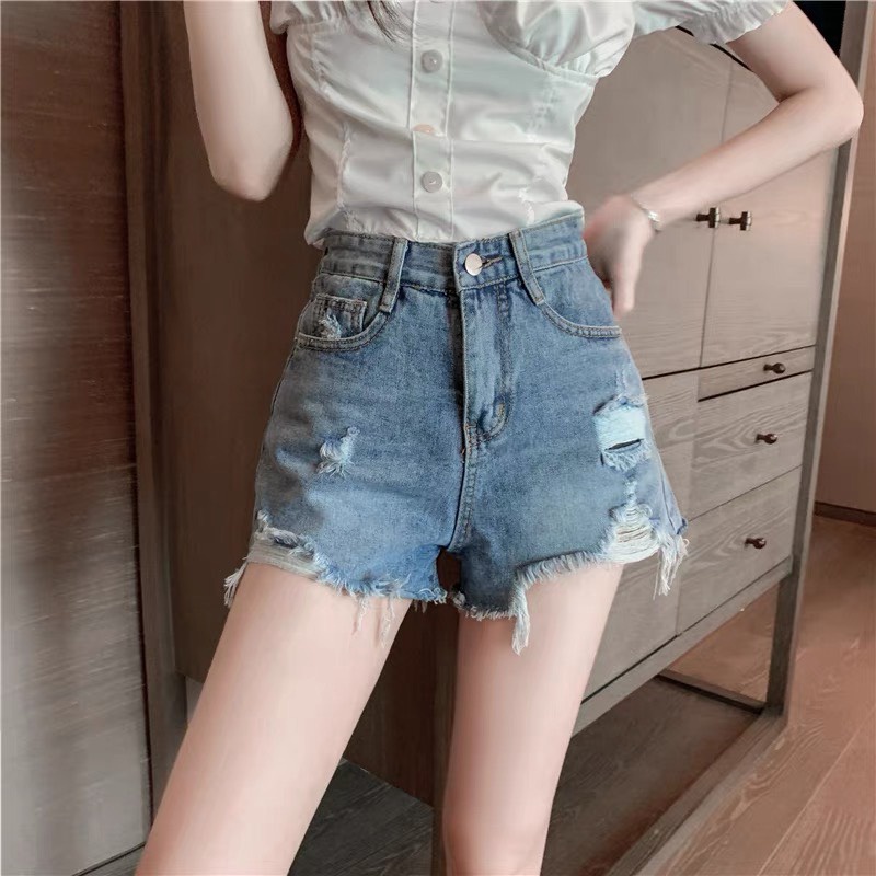 Quần short jean BigSize lưng cao trên rốn, co dãn mạnh, tua lai, màu Xanh rách bụi dành cho người mập 4342 MLJ 60kg-90kg