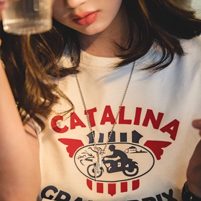 Áo thun cotton MADEN tay ngắn in chữ thời trang phong cách retro đường phố Mỹ cho nữ