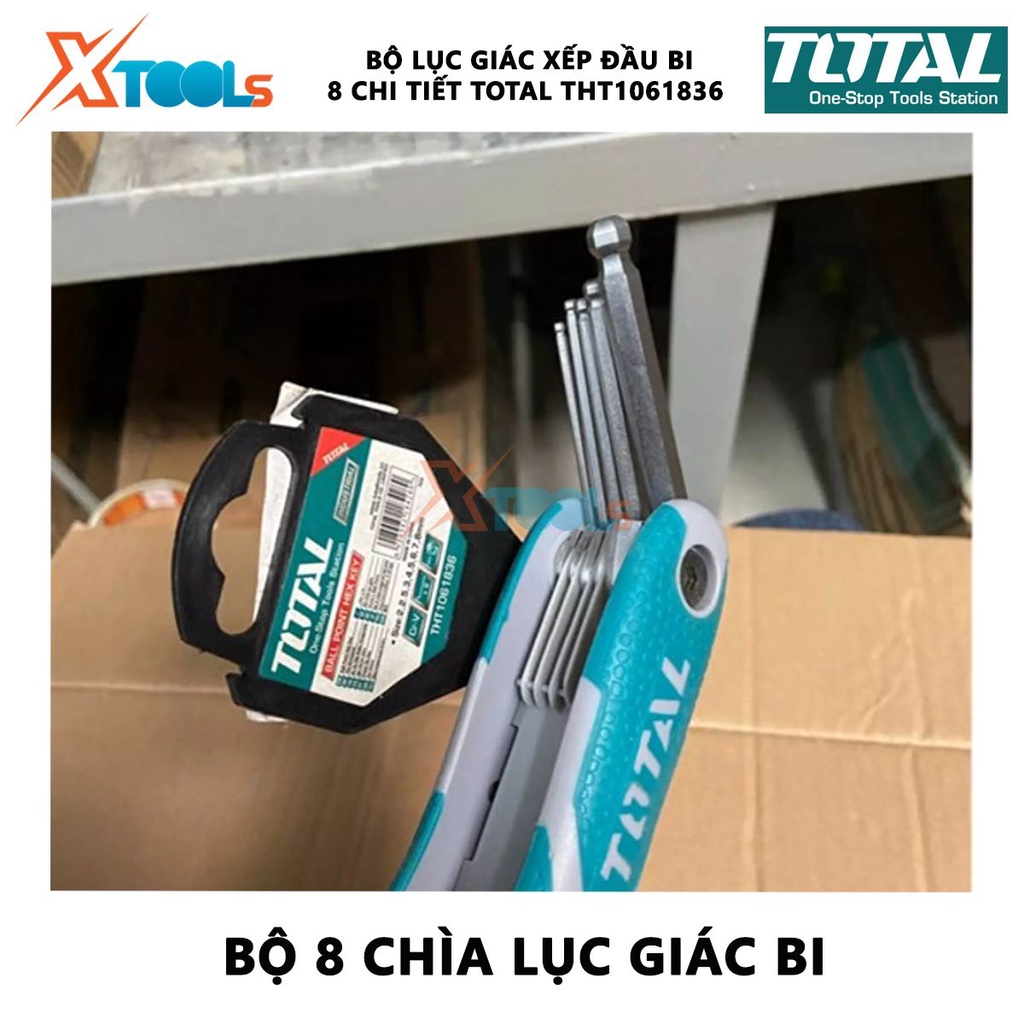 Bộ khóa lục giác xếp 8 chi tiết TOTAL THT1061836 Bộ 8 chìa lục giác bi Kích thước 2 - 8mm Thép CR-V tháo lắp, mở bulon