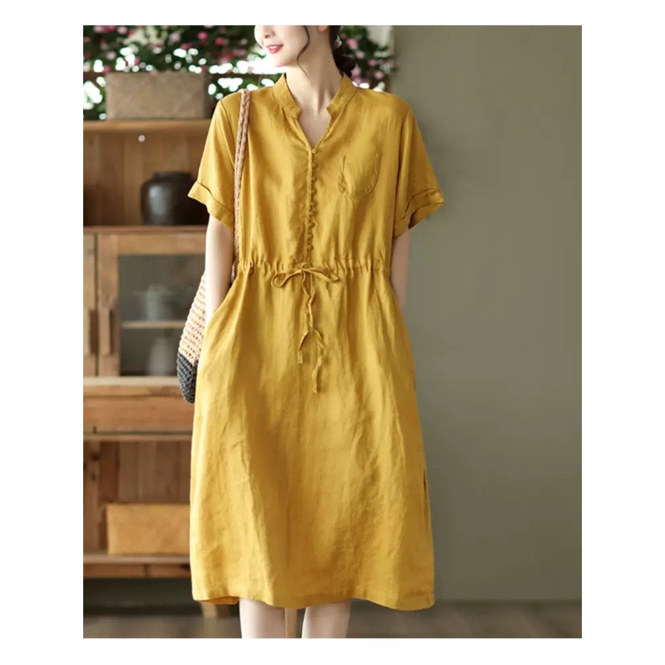 {Hàng sẵn} Đầm linen dáng suông  cổ tim ngắn tay rút eo phong cách thanh lịch