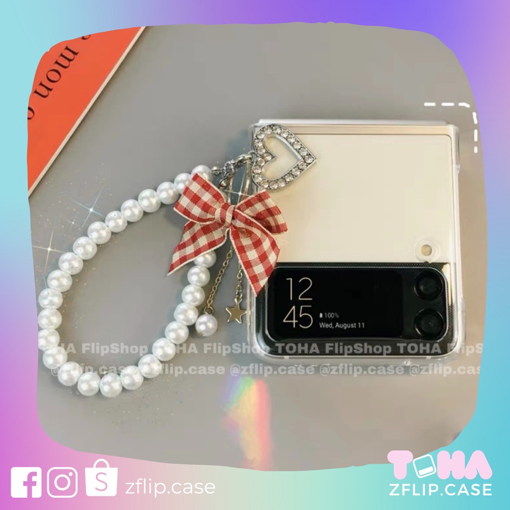 [CÓ SẴN] Ốp Samsung Z Flip 3 / Z Flip 4 đính trái tim đá và dây nơ cute / Z Flip3 / ZFlip3 / Z Flip4/ ZFlip4