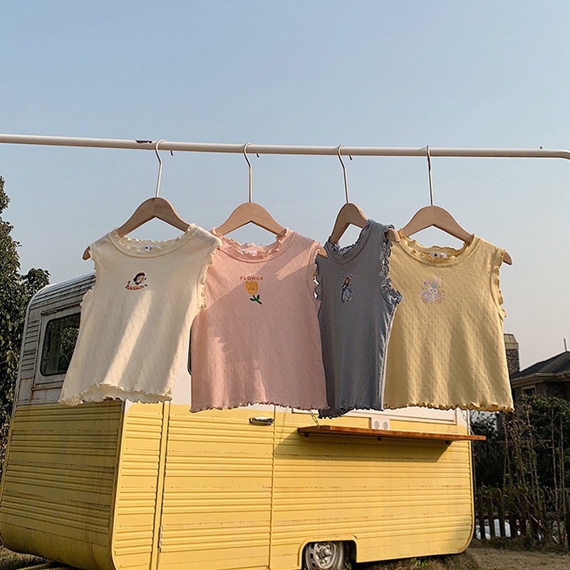 Áo Sát Nách Phối Ren Họa Tiết Hoạt Hình Phong Cách Hàn Quốc Xinh Xắn Cho Bé Gái