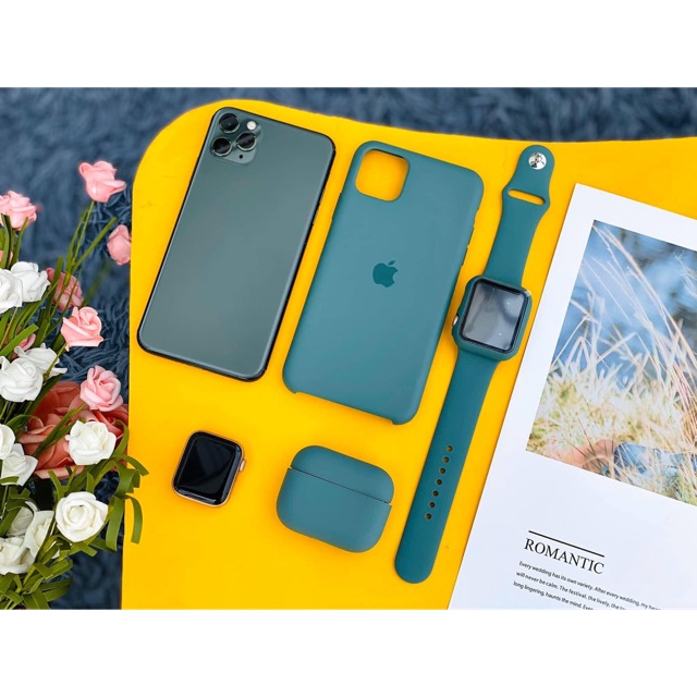 Combo màu xanh mignight cực hot : dây đeo Apple watch + ốp lưng iPhone + bao da Airpod