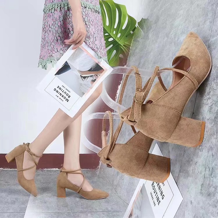 Giầy cao gót da lộn quai chéo 6cm