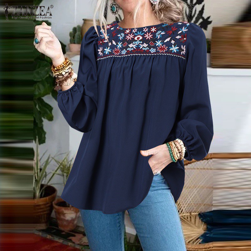 Áo kiểu Zanzea tay dài cổ tròn thêu hoa thời trang giản dị cho nữ