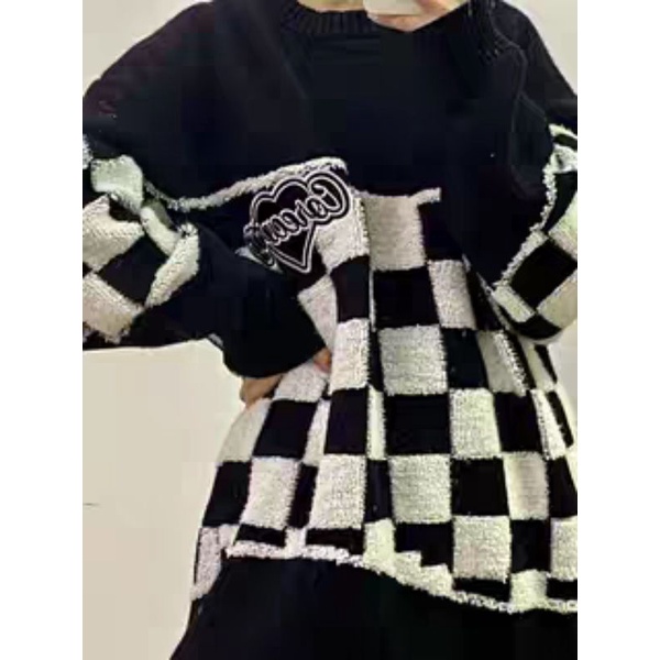 Áo len unisex kiểu Hàn phối patchwork họa tiết caro bàn cờ hot trendy chữ thêu Correcy có size