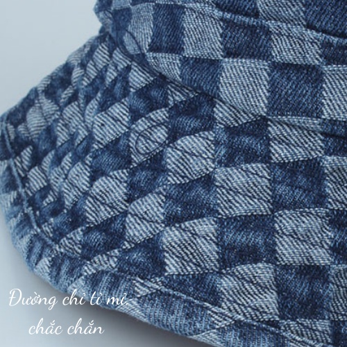 Mũ denim họa tiết kẻ Caro cao cấp phong cách hàn quốc, nón bcuket vành tròn đi biển mới nhất 2022