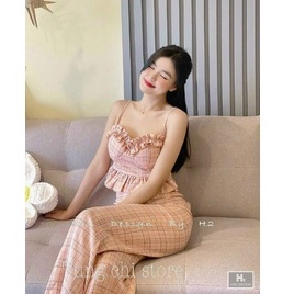 SET ĐỒ NỮ 2 DÂY PHỐI BÈO NHÚN NGỰC QUẦN DÀI HỌA TIẾT KẺ SỌC CARO
