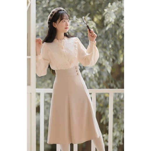 Chân Váy dài xòe 60cm đính vạt và cúc bọc vải thời trang midi