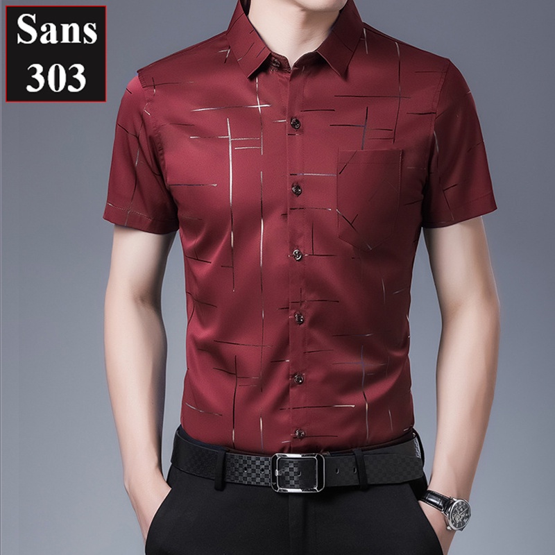Áo sơ mi nam tay ngắn họa tiết cao cấp Sans303 big size công sở lịch lãm cổ bẻ sang trọng đỏ xanh đẹp thời trang