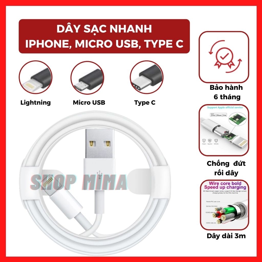 Dây sạc iphone/ samsung/type C/Micro USB - Cáp sạc iphone/ samsung/type C/Micro USB - Sạc nhanh-Ổn định-Bảo hàng 6 tháng