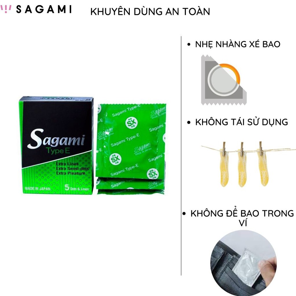 Bao cao su Sagami Type E GÂN GAI 5 bao/hộp thiết kế 3D 1 lần thắt chống tuột kéo dài thời gian