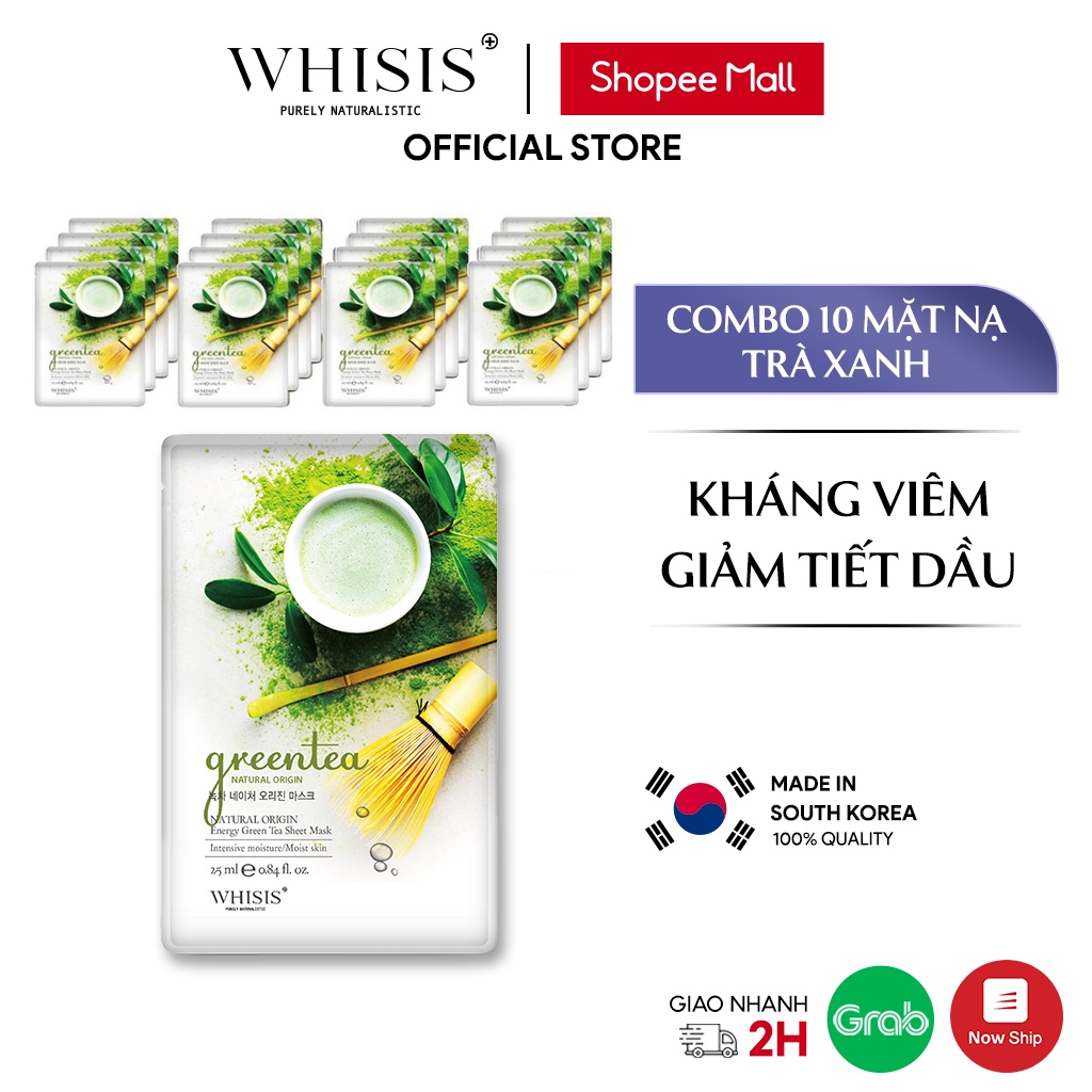 Combo 10 Mặt Nạ Trà Xanh WHISIS Nature Origin Energy Green Tea Ngừa Mụn, Kiểm Soát Bã Nhờn 25ml/miếng