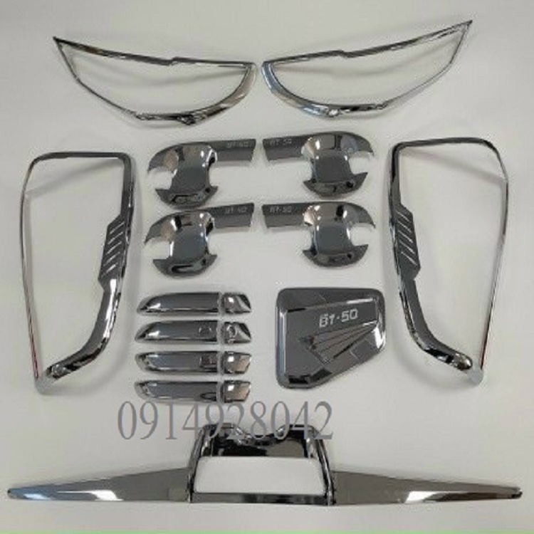 Combo Mạ crom Bộ ốp đèn Pha + hậu + tay nắm + hõm cửa + nắp xăng xe Mazda BT50 đời xe 2021,2022,2023