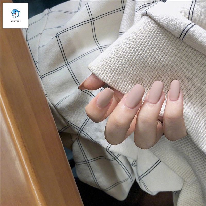 [Hàng mới về] Set 24 móng tay giả màu kaki trơn đầu vuông dài vừa kèm keo dán cho nữ