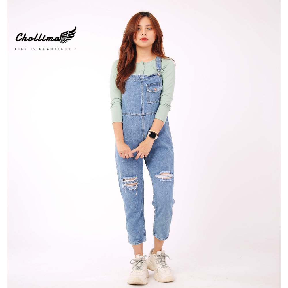 Quần yếm jean dài nữ Chollima túi đồng hồ rách gối YJ005