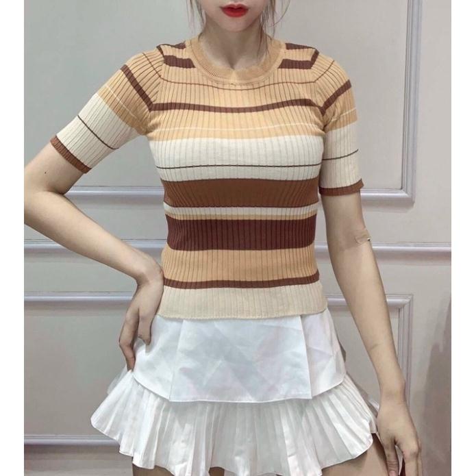 Áo len kẻ phối màu dáng ôm cổ tròn, Áo kiểu ngắn tay co giãn MH1283 - THaoVan Shop