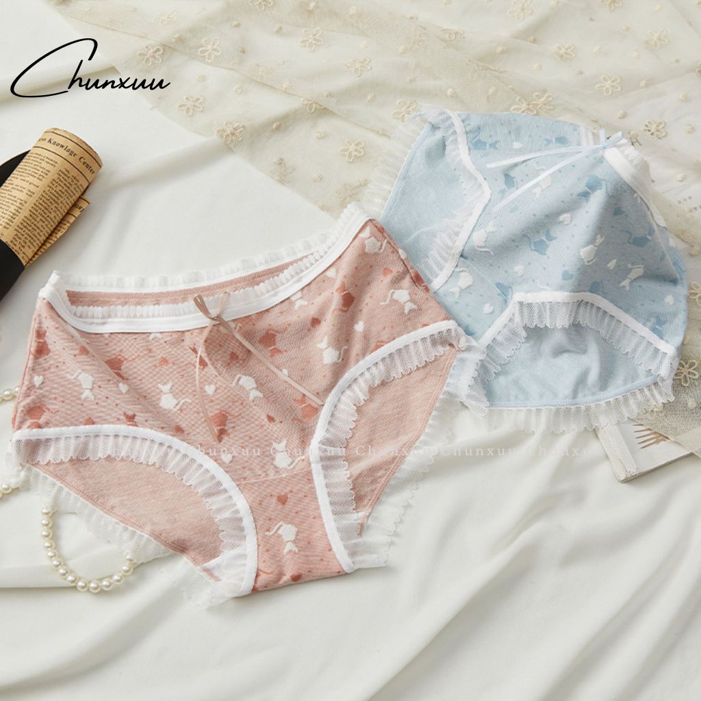 Quần lót nữ cotton cao cấp CHUNXUU, họa tiết mèo phối viền ren dễ thương - QC85