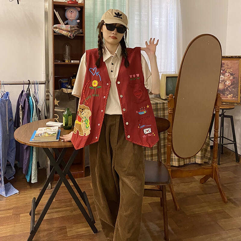 Áo Khoác Sát Nách Dáng Rộng Thêu Hình Gấu Và Hoa Phong Cách Hip Hop Thời Trang Cho Nữ | BigBuy360 - bigbuy360.vn