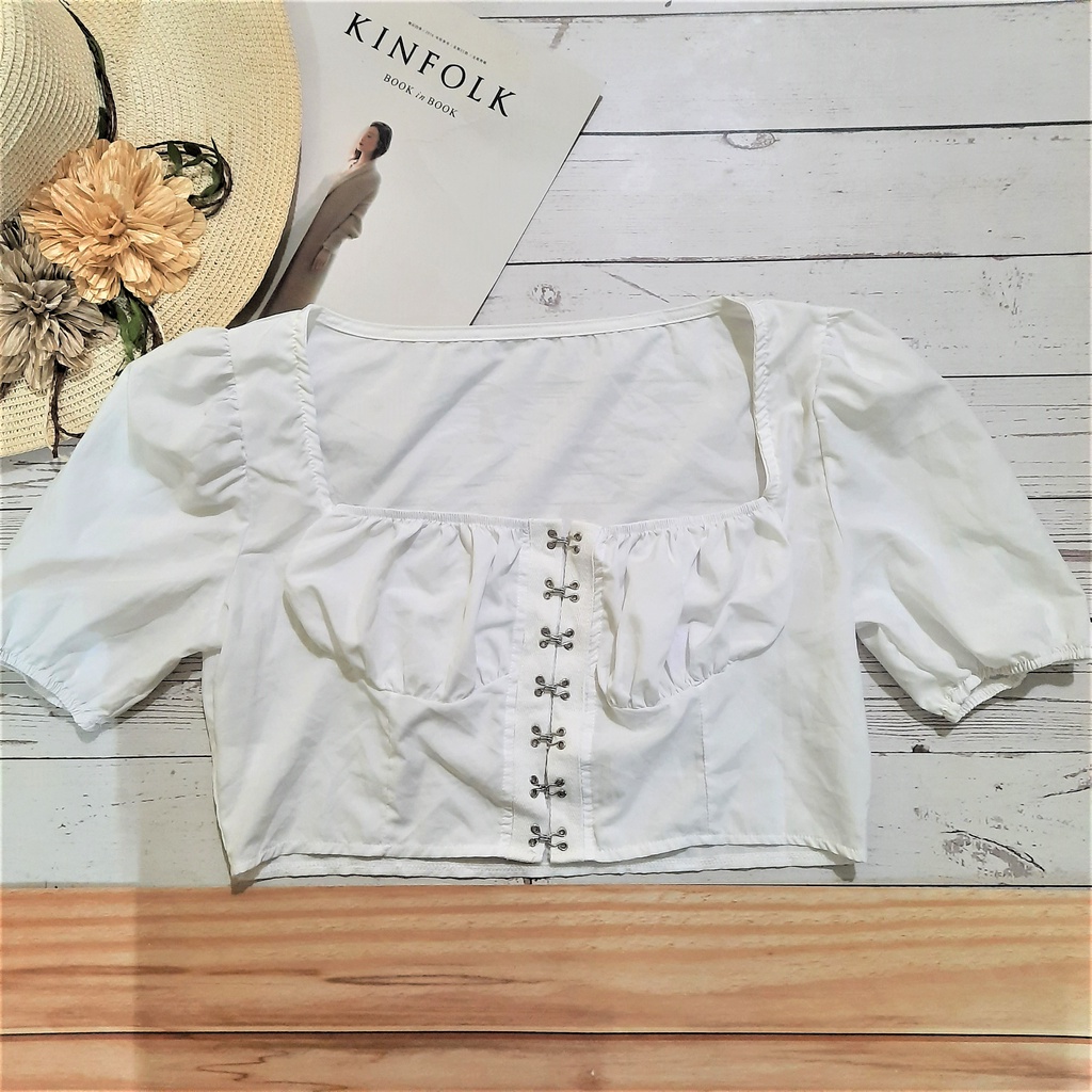 Áo trắng croptop tay bồng - Thanh lý cá nhân áo cổ vuông cách điệu - Trắng2-AC