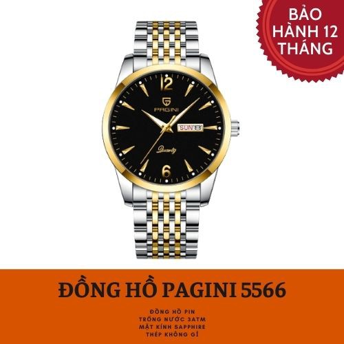 Đồng Hồ Nam PAGINI PA5566 Dây Thép Không Gỉ Kim Dạ Quang Mặt Đen Nam Tính - FullBox BH Hãng 12 Tháng