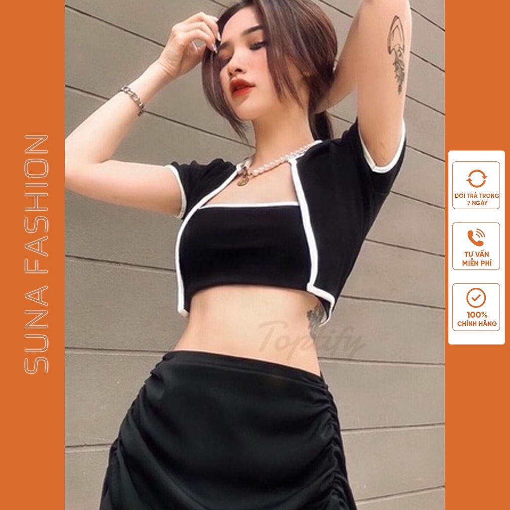 [Quà tặng là kẹo] Bộ hai món áo ống kèm áo khoác dáng croptop hoạ tiết viền phong cách SUNA FASHION