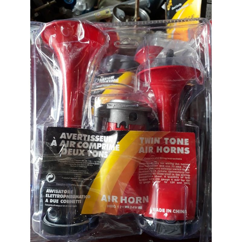Còi hơi, kèn sinh hơi 2 loa đỏ, còi tạo hơi cho xe không có bình hơi điện 12v và 24v