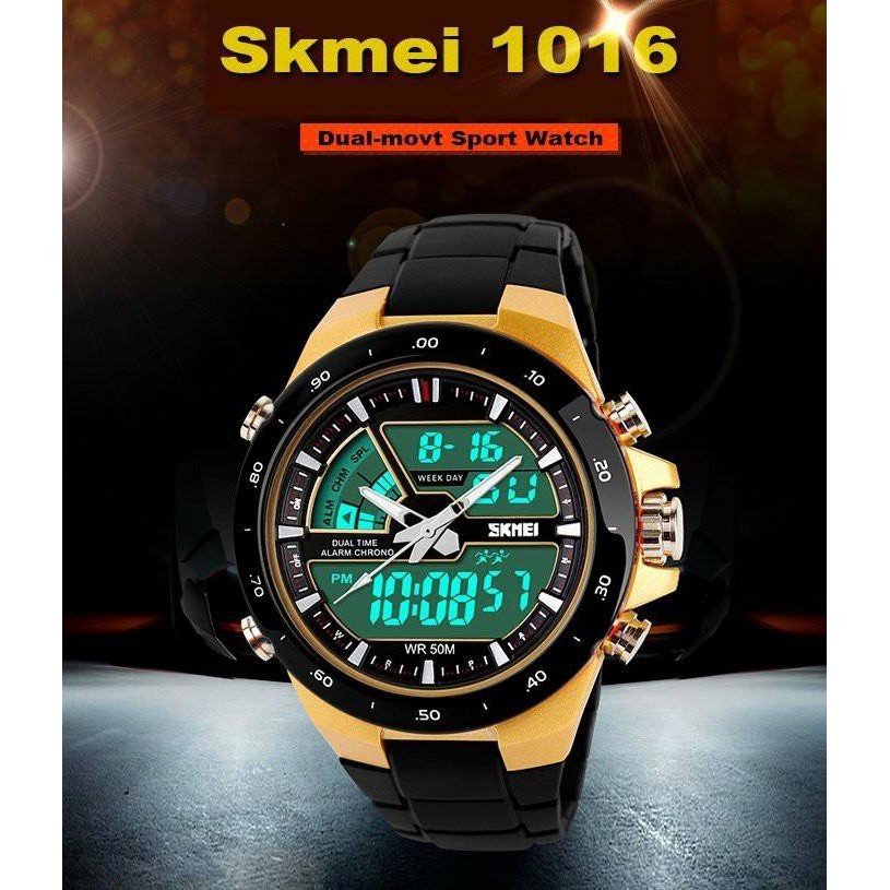 Đồng hồ nam SKMEI 1016 dây kim loại màu đen viềng vàng 2 máy giá rẻ
