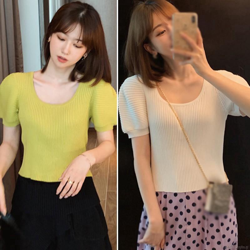 Áo Dệt Kim Tay Ngắn Thiết Kế Cổ Vuông Thanh Lịch