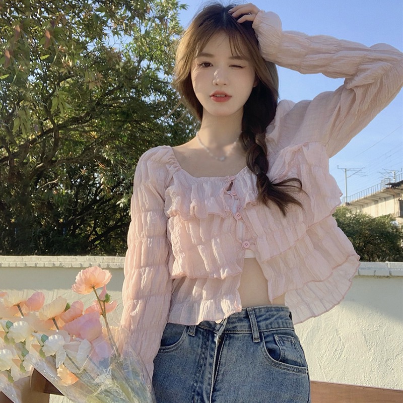 Áo Croptop Tay Phồng Dài Cổ Tròn Màu Trơn Phong Cách Hàn Quốc Thời Trang Cho Nữ