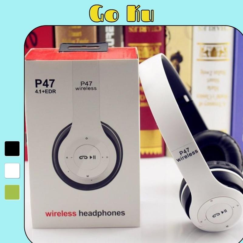 Tai nghe p47 chụp tai bluetooth không dây có mic đàm thoại headphones nghe nhạc bass ấm có khe cắm thẻ nhớ - Go Ku