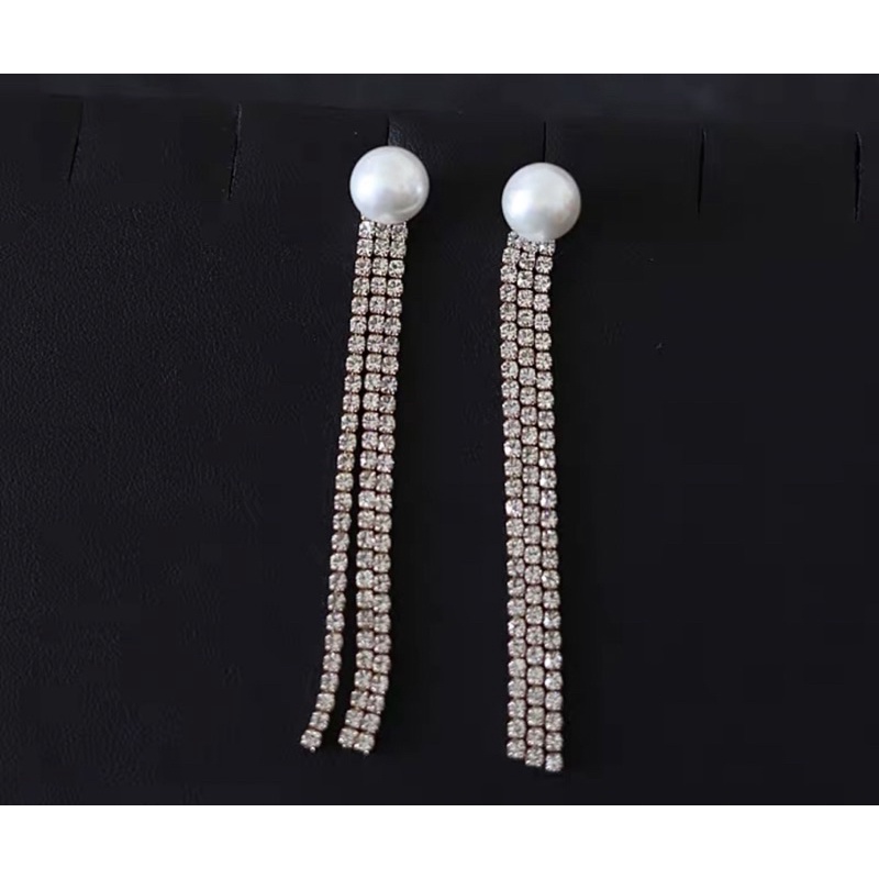 bông tai tua rua dài đính đá, khuyên tai 3 sợi dây dài cá tính