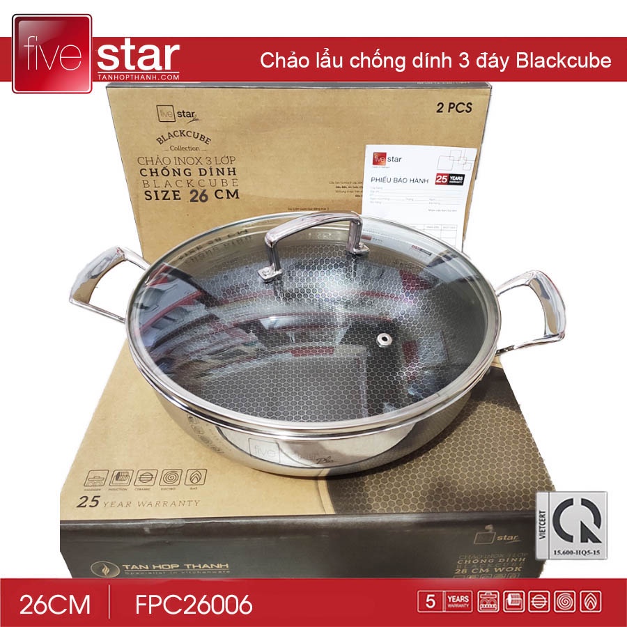 Chảo Lẩu Chống Dính Sâu Lòng 2 Quai BLACKCUBE FIVESTAR 3 lớp đáy liền inox 304 siêu bền 24cm / 26cm / 28cm