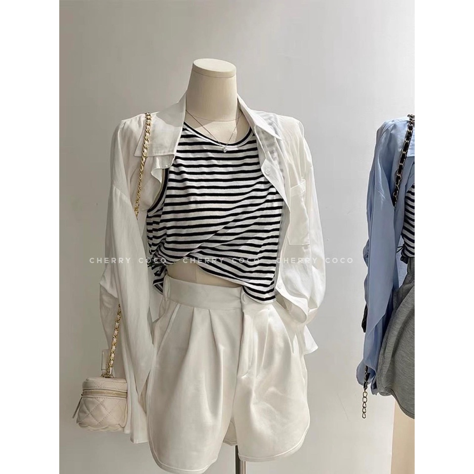 Set bộ áo sơ mi voan với áo  thun 3 lỗ sát nách dáng ôm body cá tính S09