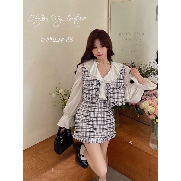 Sét dạ Tweed phối sơ mi tay phồng tiểu thư sang chảnh  Quảng Châu Cao Cấp / Sét dạ 3 món thời trang Hàn Quốc